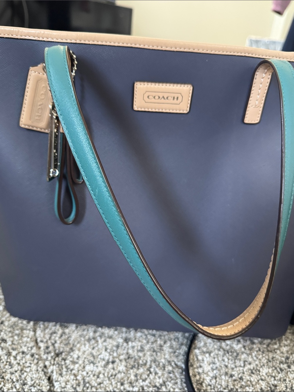 Coach Navy Tote with Teal Handles and Tan Trim